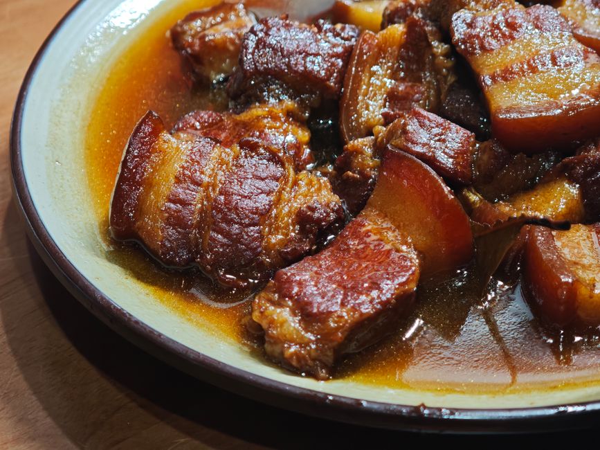 braised pork beer sauce served plate