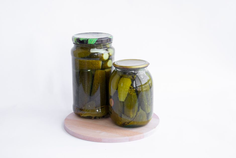 honey mustard sauce pickled cucumber on wooden board