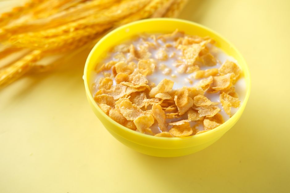 crushed corn flakes in bowl for breading
