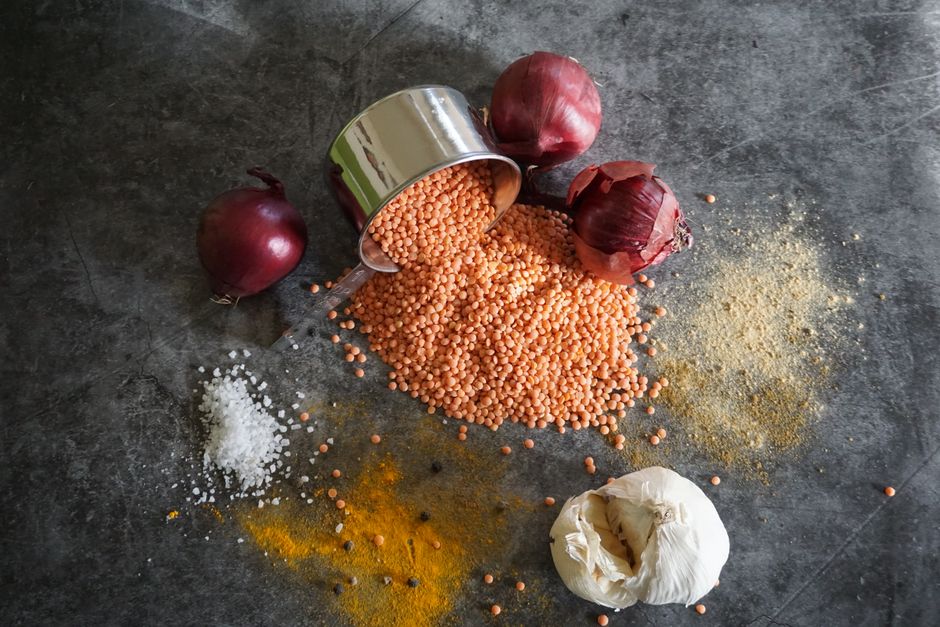 red lentils onion garlic frying pan cooking