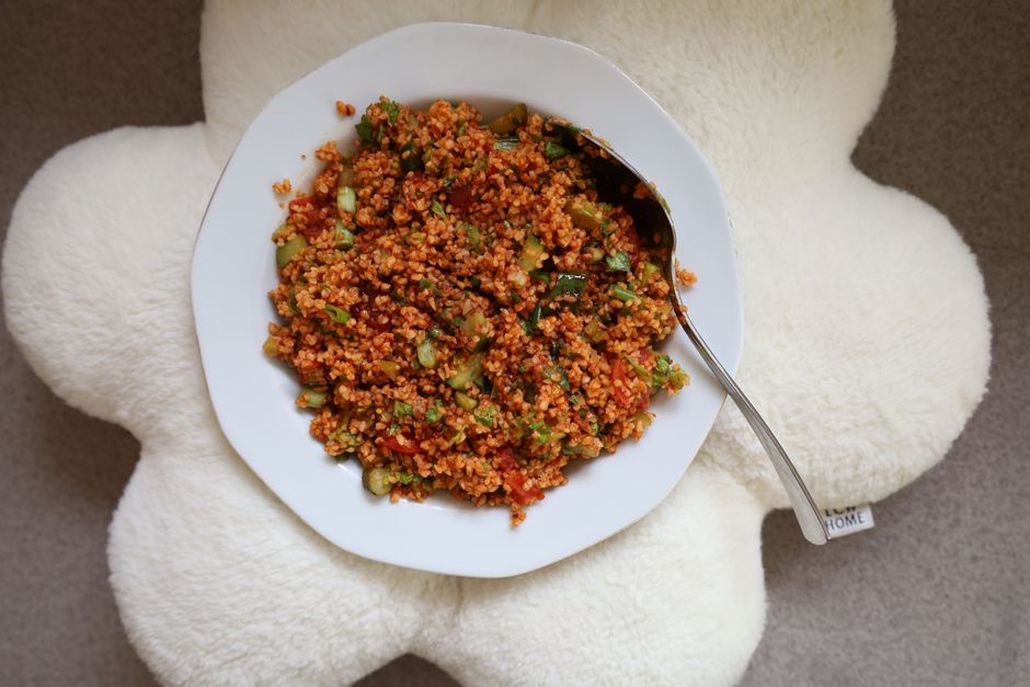bulgur wheat in bowl with vegetables
