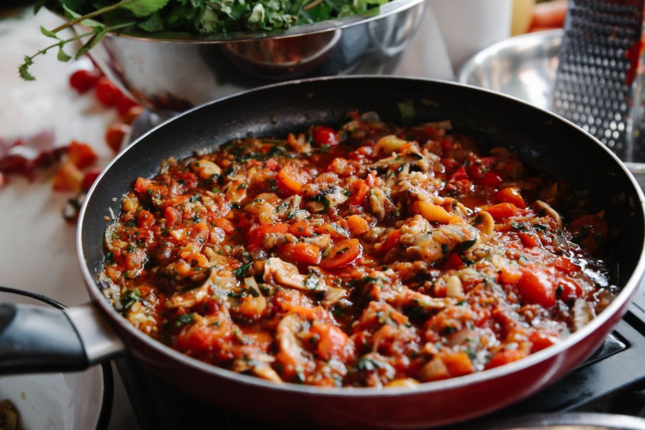 canned tomatoes vegetables cooking pan