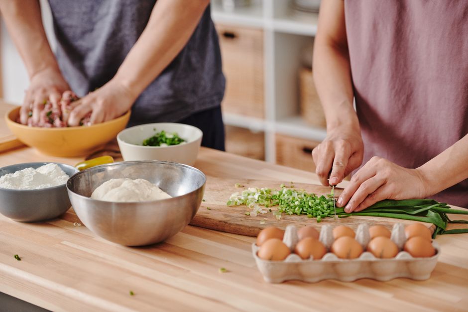 chopped hard boiled eggs with onion preparation