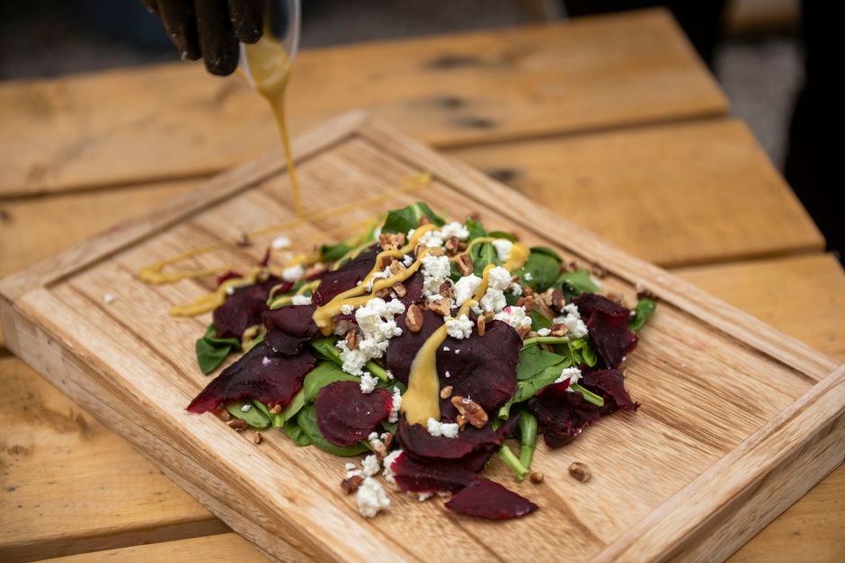 beetroot feta walnut salad on plate
